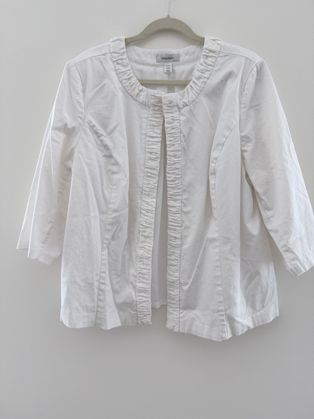 dressbarn White Ruffle-Trim Open Front Blazer